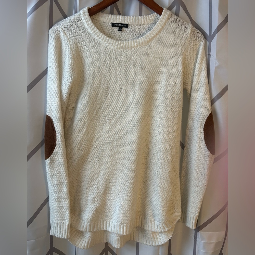 Pink Clover Ivory Sweater with Chocolate Elbow Accents